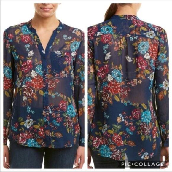 Kut from the Kloth Blue Floral Sheer Top Blouse Size Medium - Picture 1 of 13